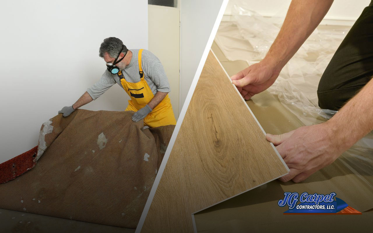 Replacing old carpet with new vinyl flooring.