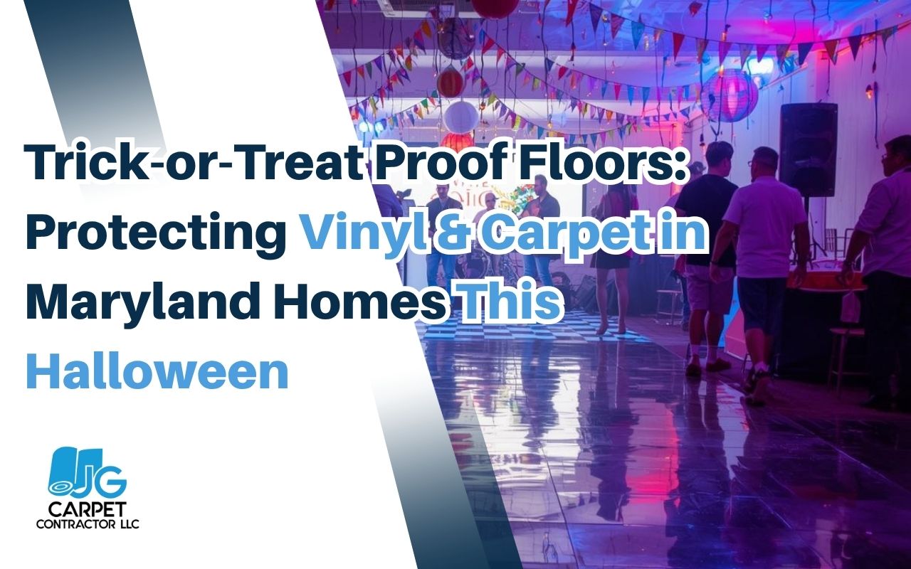 Vinyl flooring prepared for Halloween party with protective coverings and mats
