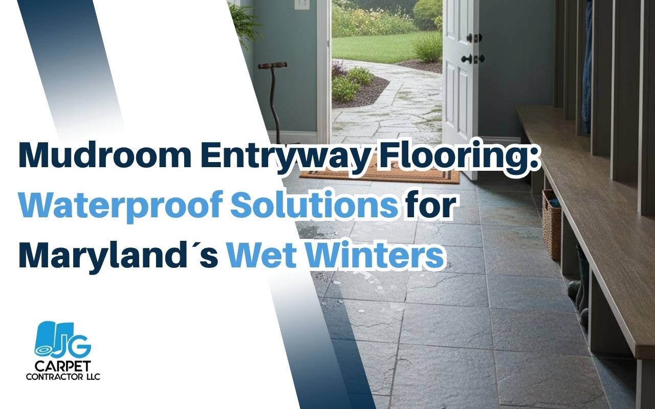 Modern entry with waterproof mudroom flooring in Maryland handling snowy boots and wet coats