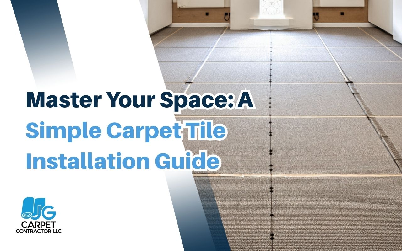 Carpet tile installation guide showing a centered room layout with chalk lines before placing tiles.