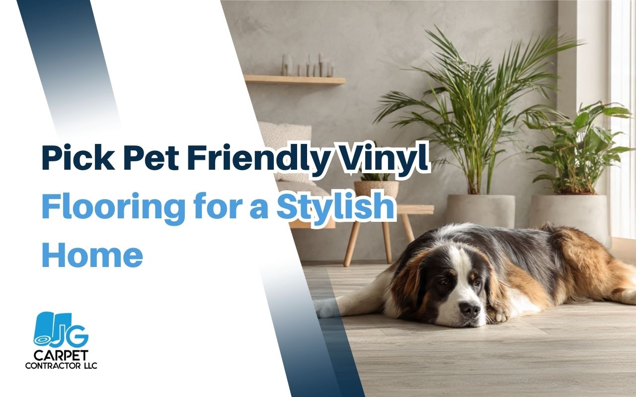 Pet friendly vinyl flooring in a modern living room with a dog resting on the floor
