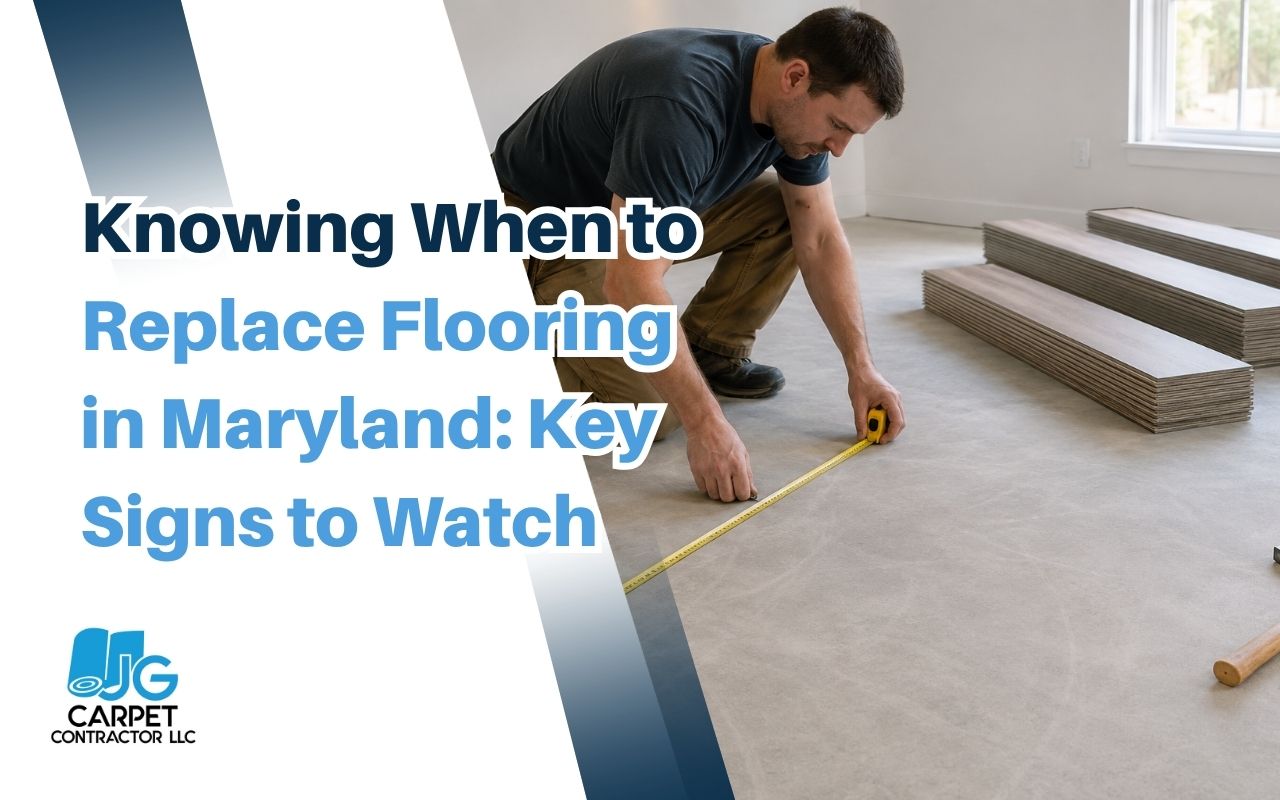 Homeowner checking when to replace flooring in Maryland